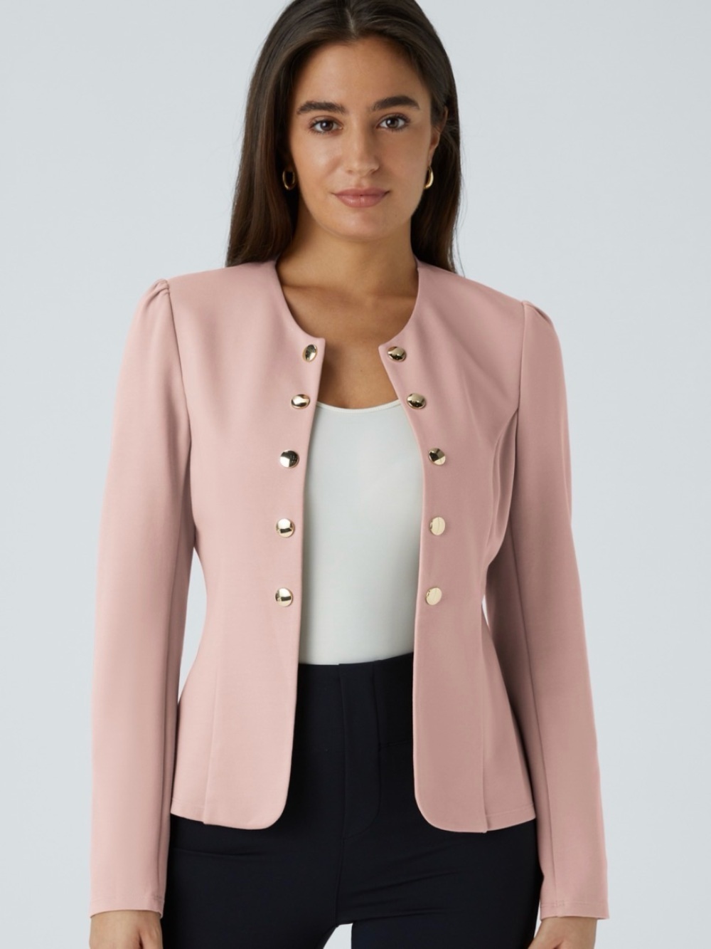 Halara Sculpt Knit Pink Gold Button Open Front Jacket Blazer Size Large